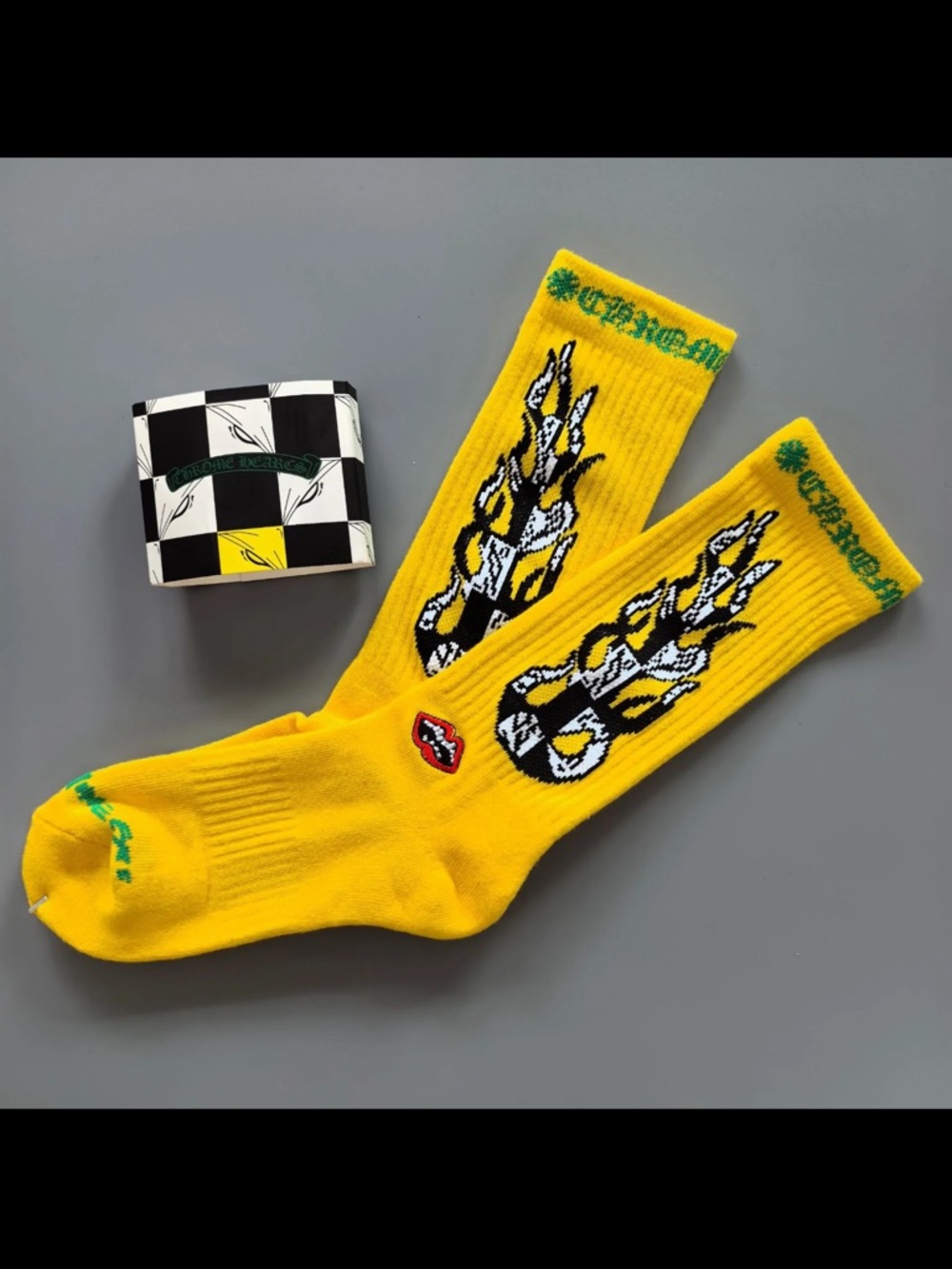 Chrome Hearts Yellow Crew Socks with Black & White Graphic